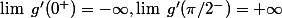 \lim~g'(0^+) = -\infty, \lim~g'(\pi/2^-) = +\infty
